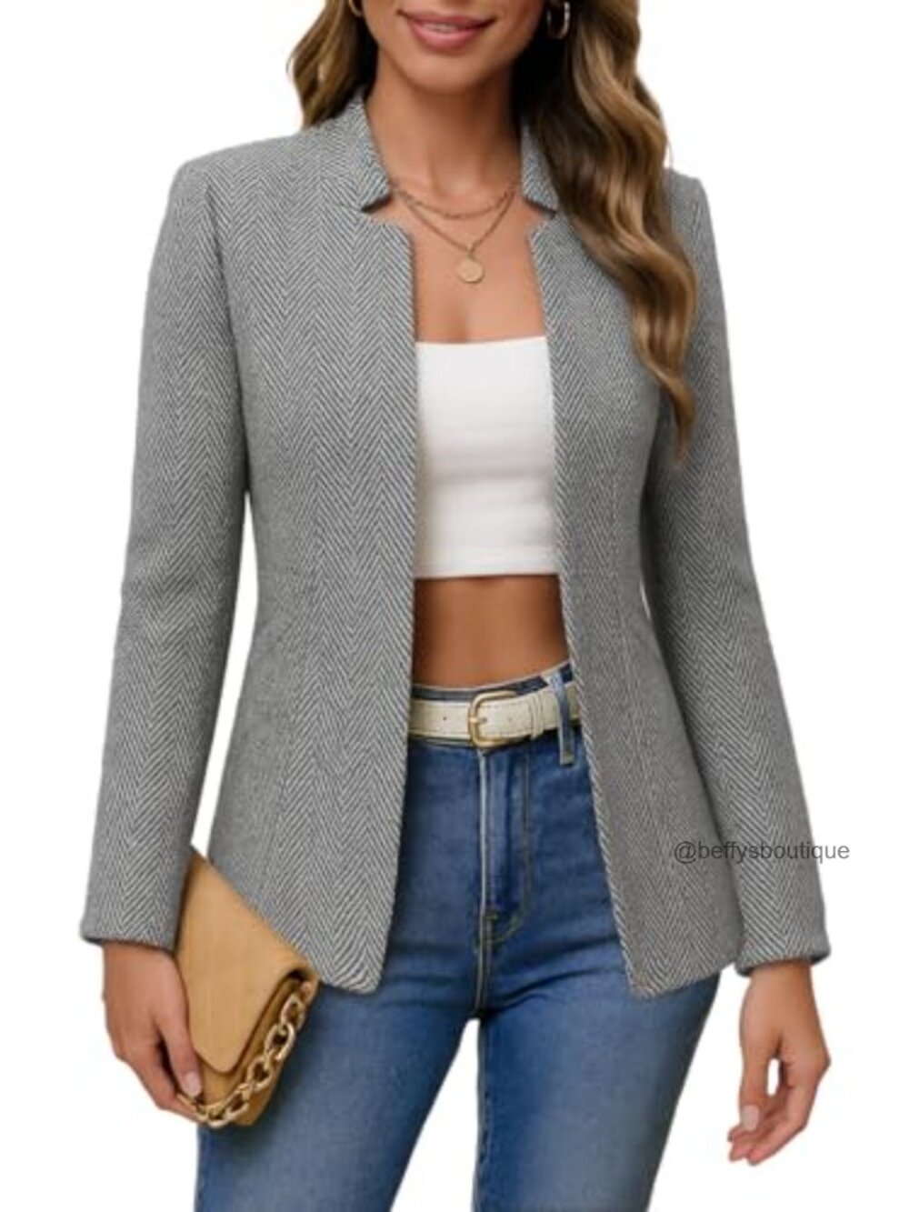Women's Herringbone Tweed Blazer Plaid Open Front Notch Collar Full-Lined Work